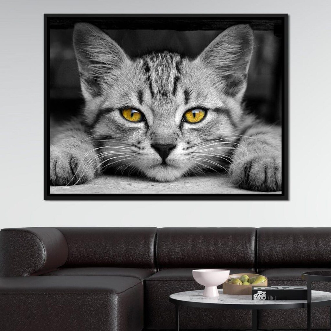 Black White Tabby Cat With Yellow Eyes Minimalist Feline Photography Wall Poster - Image 2