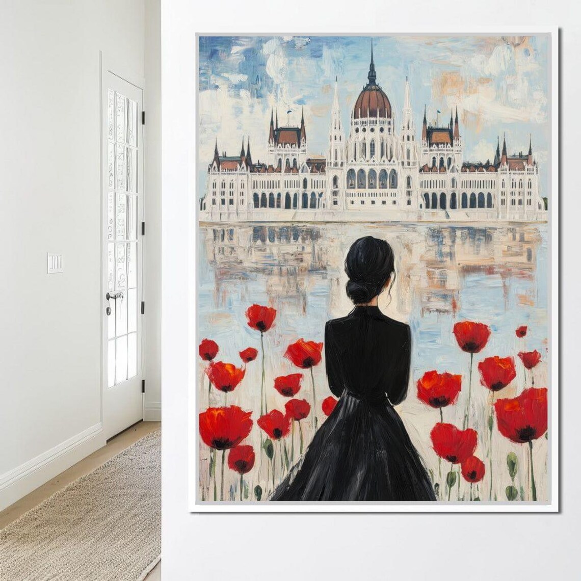 Budapest Parliament Building Reflection With Red Poppies Travel Poster - Image 3