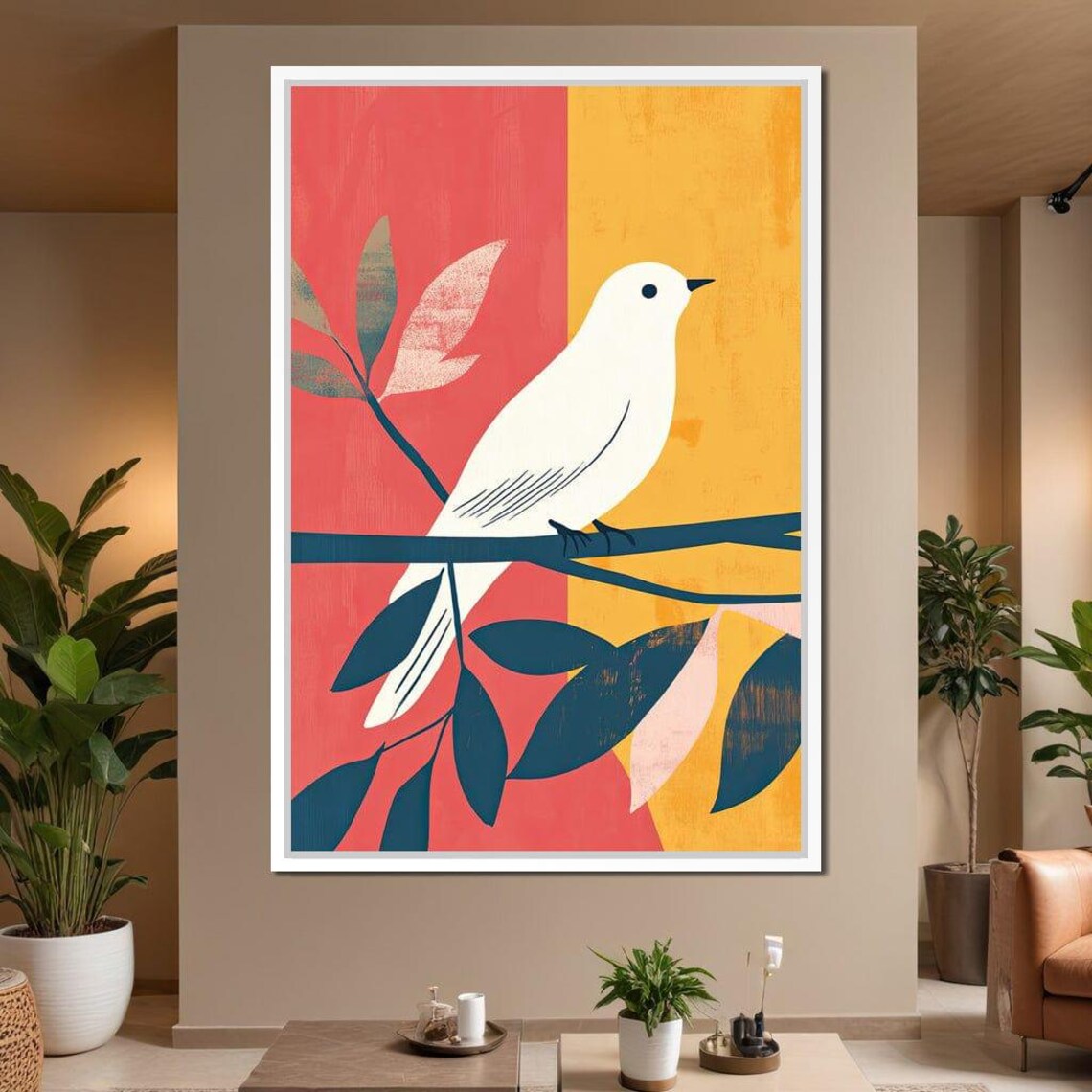 White Bird on Branch Coral Yellow Mid Century Modern Nature Art Print