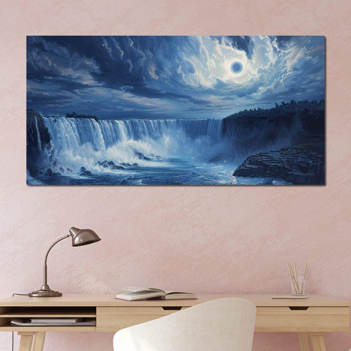 Moonlit Waterfall Night Falls Full Moon Dramatic Blue Landscape Poster - Image 2