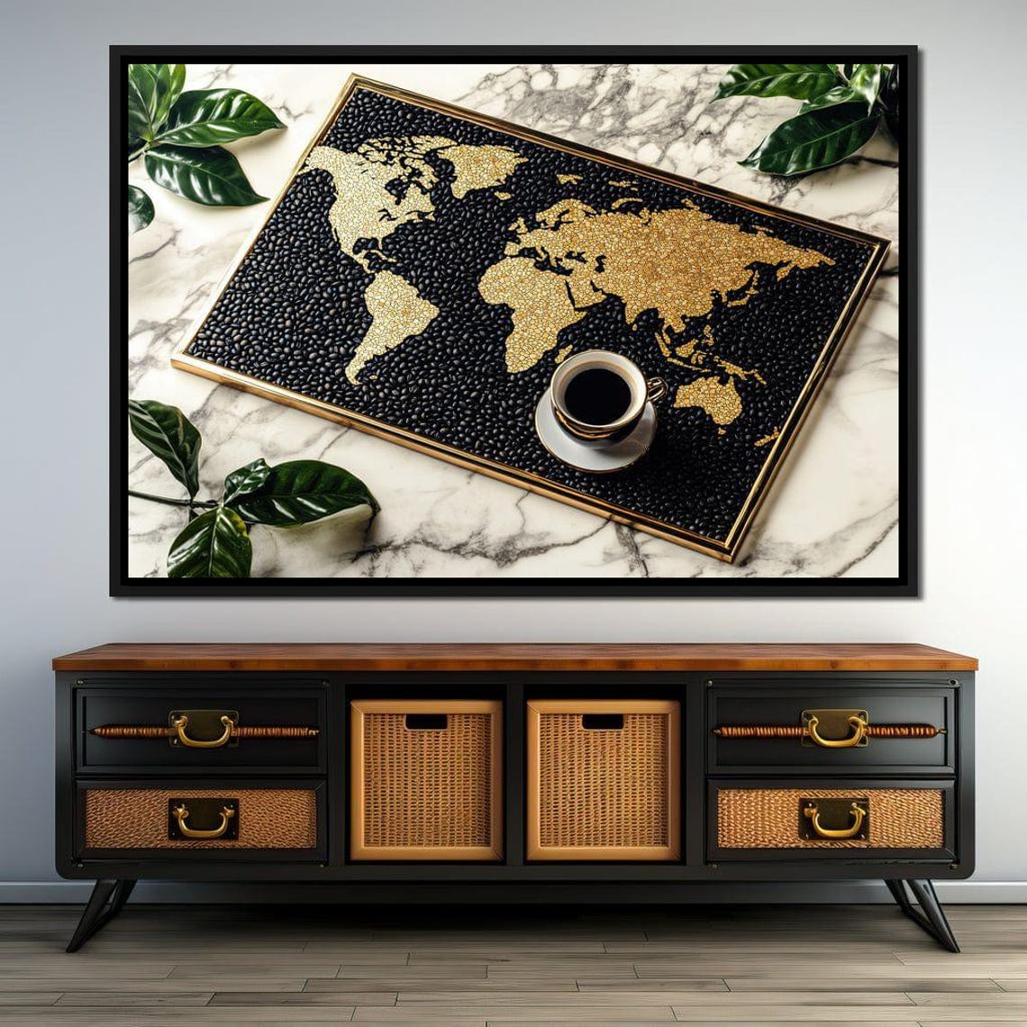 Black And Gold Coffee Bean World Map Modern Kitchen Wall Art Poster - Image 2