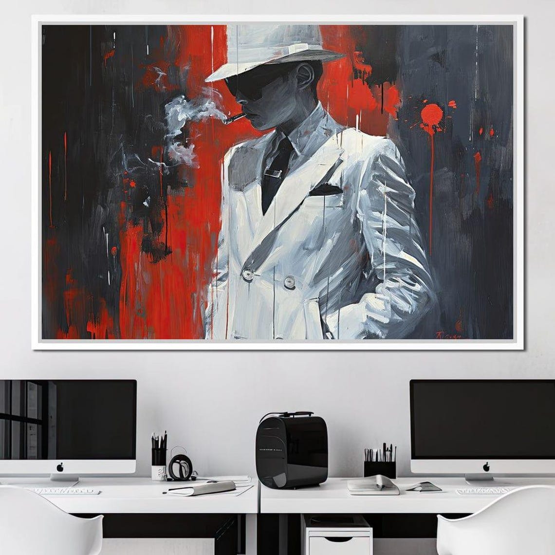 Dapper Man White Suit Fedora Cigar Noir Red Black Urban Portrait Print