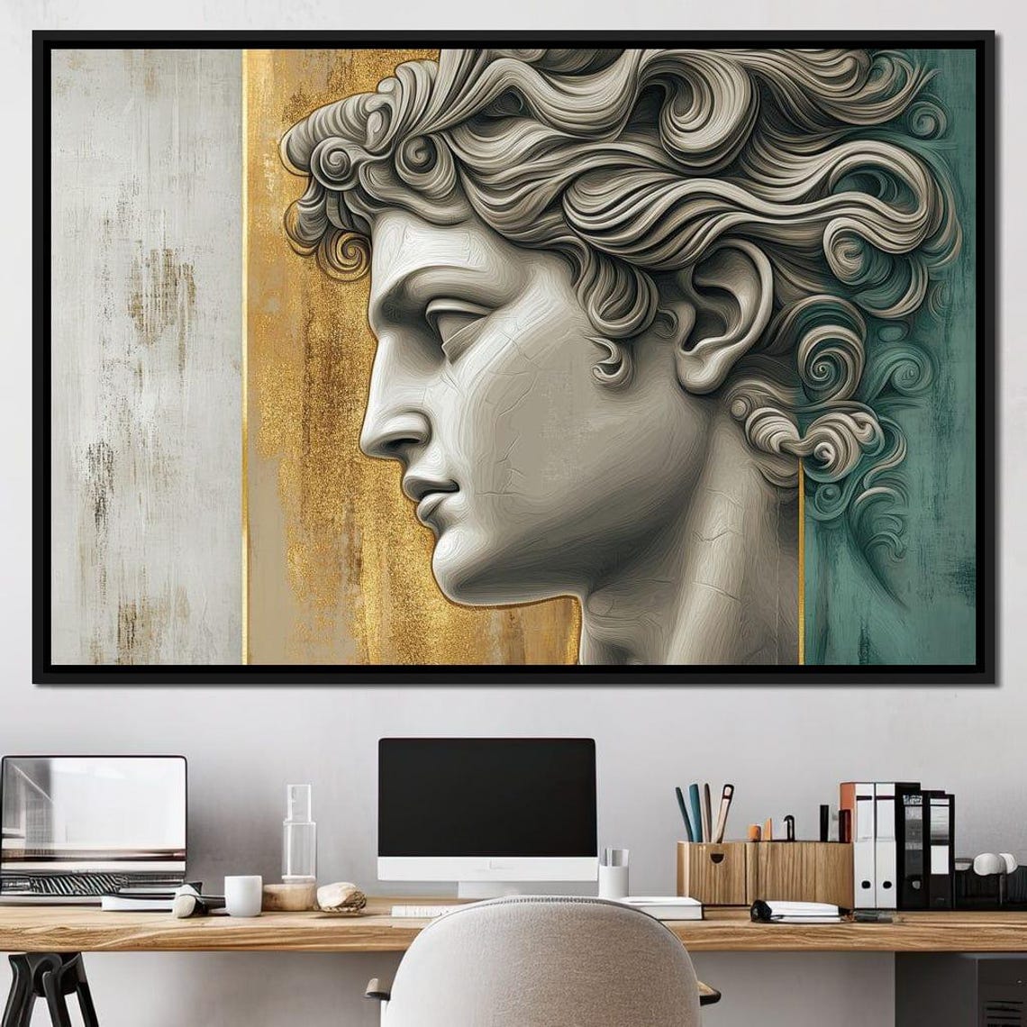 Classical Statue Profile Gold White Teal Modern Sculpture Wall Art