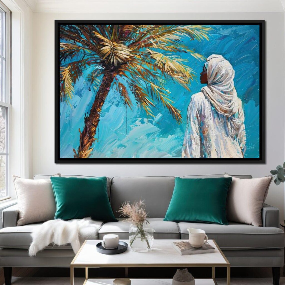 Azure Palm Woman In White Among Palm Trees Turquoise Sea Art Poster - Image 2