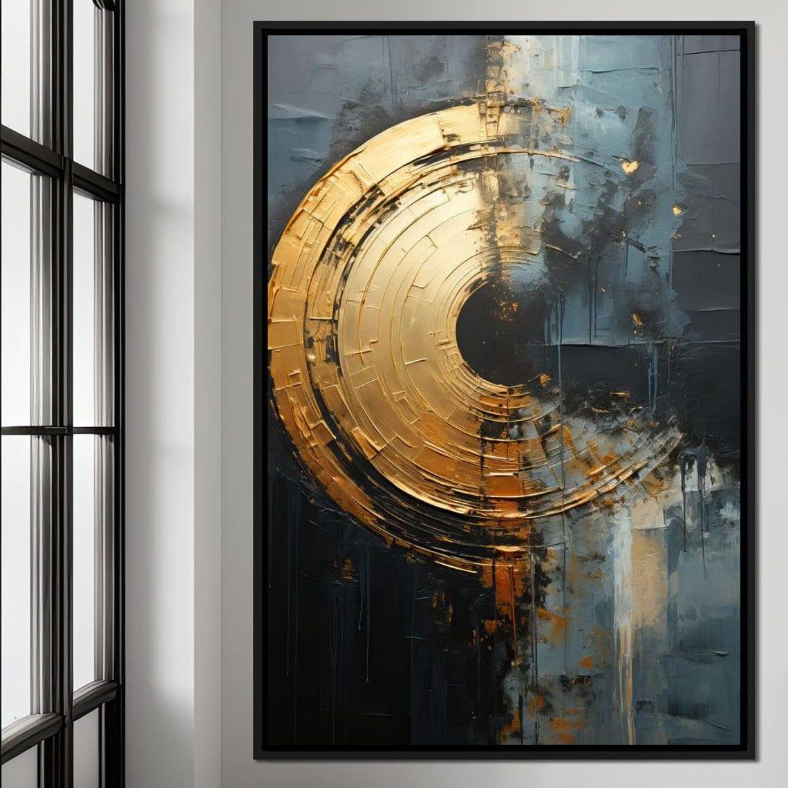 Gold Crescent Eclipse Abstract Art Dark Teal Textured Ring Wall Poster - Image 4