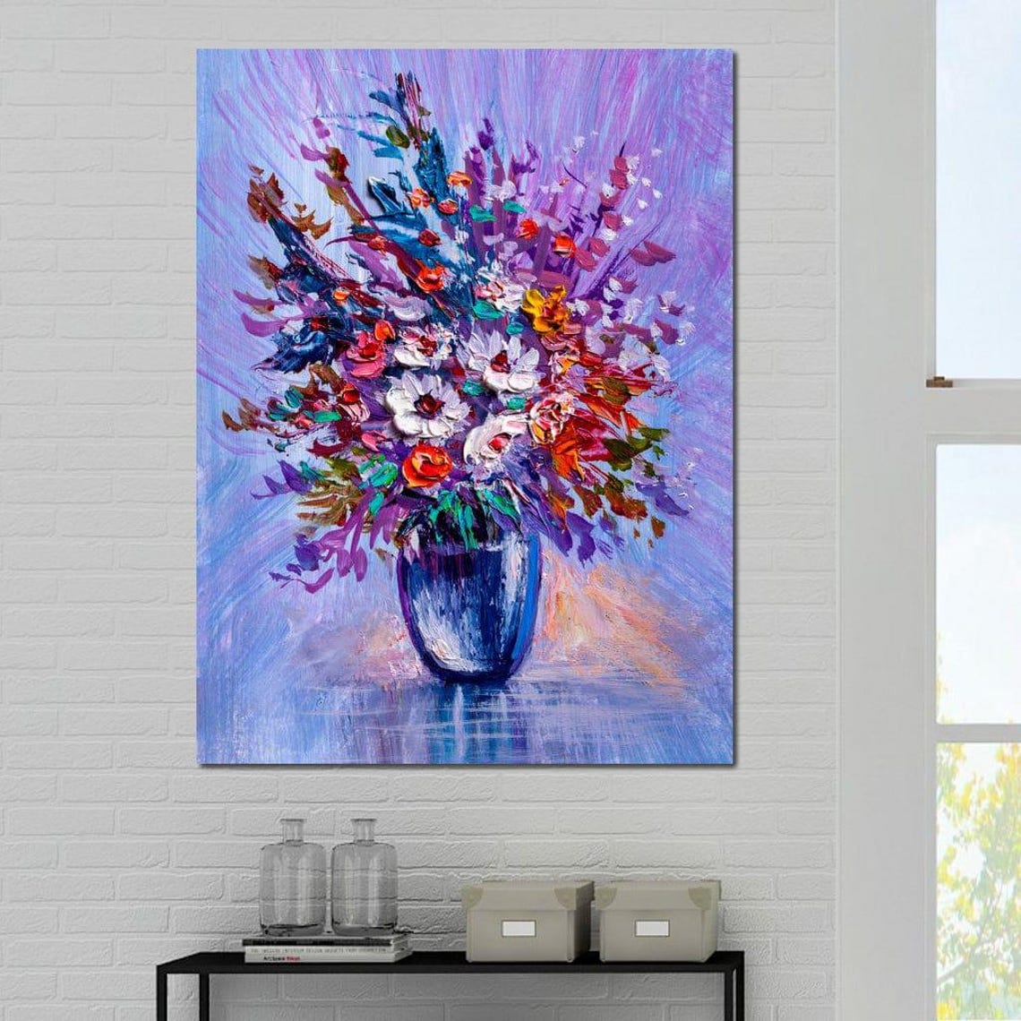 Wildflower Bouquet Impasto Blue Vase Purple Background Wall Art - Image 4