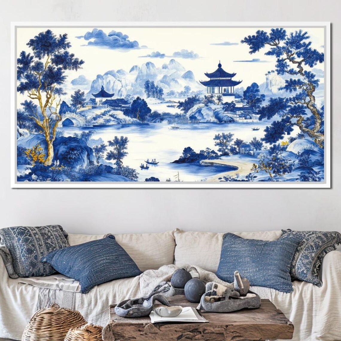 Blue White Japanese Pagoda Lake Landscape In Porcelain Style Poster - Image 3