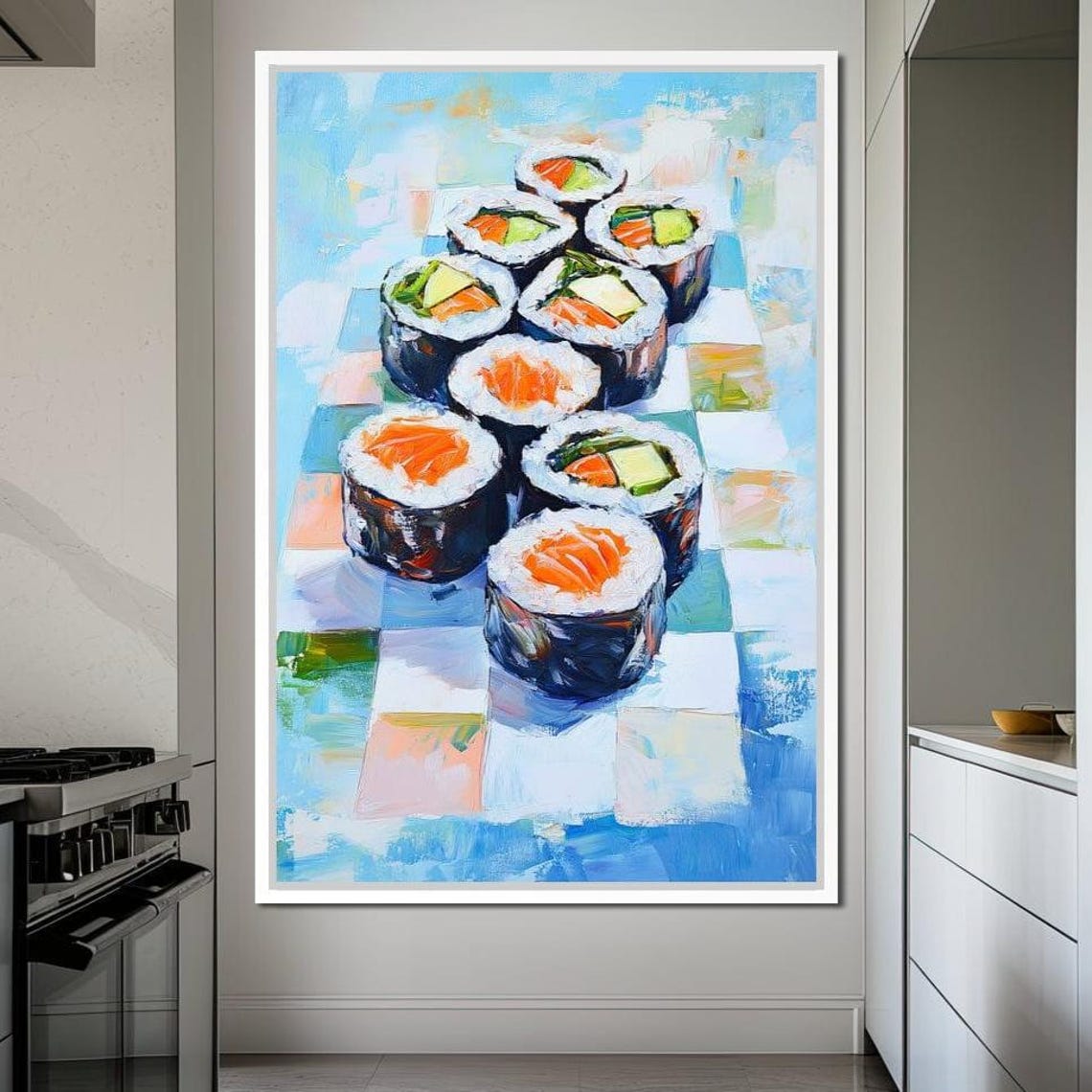 Sushi Maki Rolls Salmon Avocado Pastel Checkered Kitchen Wall Poster - Image 2