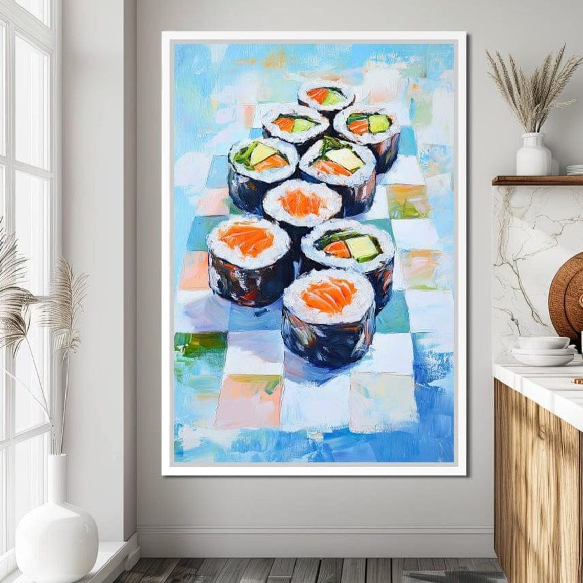 Sushi Maki Rolls Salmon Avocado Pastel Checkered Kitchen Wall Poster