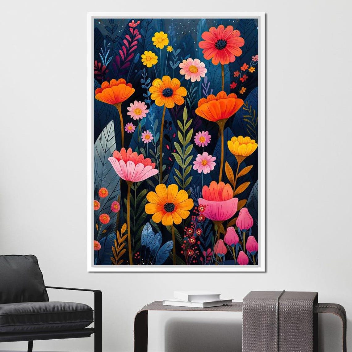 Colorful Wildflowers Moonlit Navy Night Botanical Meadow Wall Art - Image 2