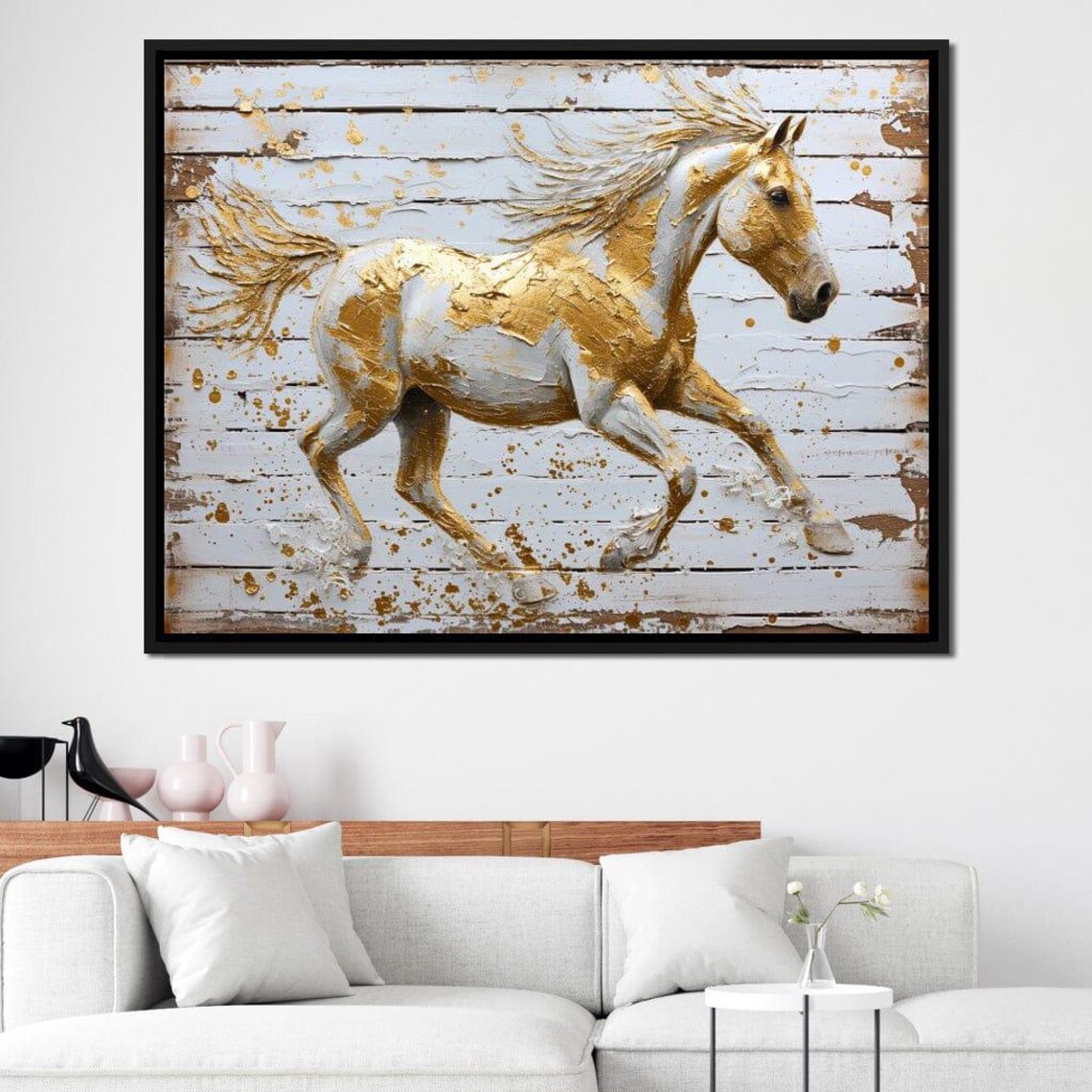 Golden Galloping Horse White Wood Gold Leaf Equestrian Art Poster - Image 2