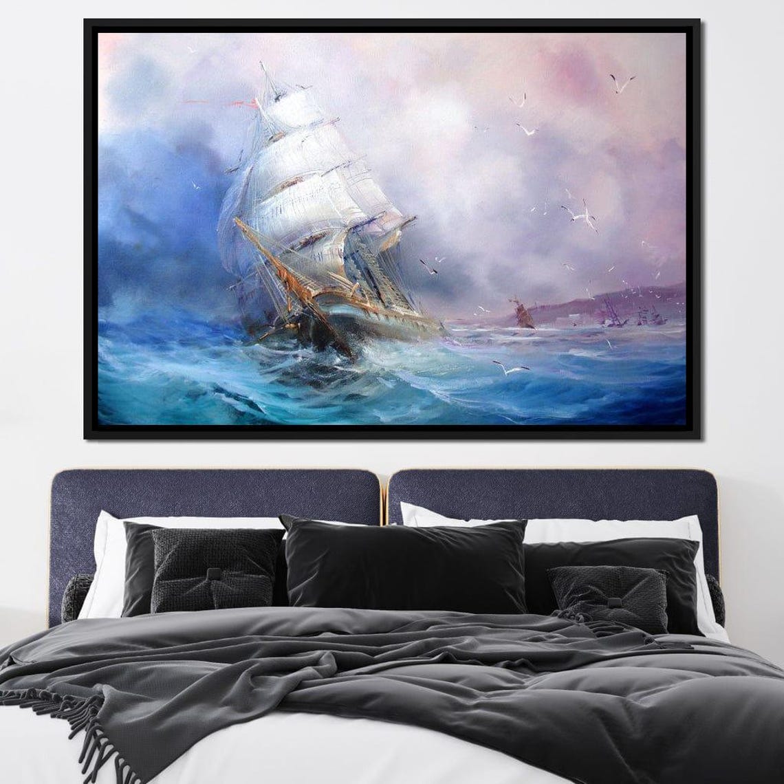 Tall Sailing Ship Ocean Waves Blue Purple Nautical Seascape Wall Art - Image 2