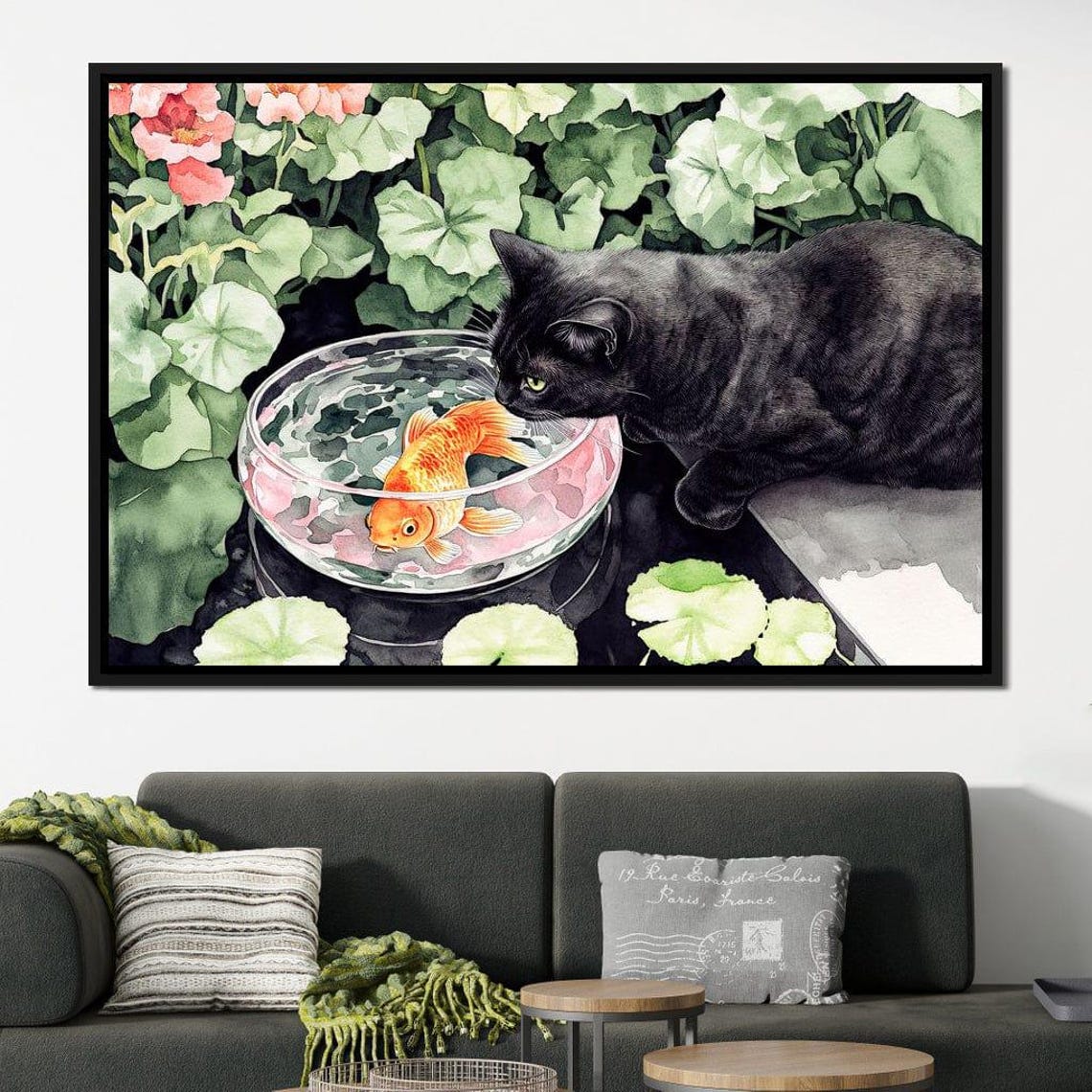 Black Cat Watching Goldfish Bowl Playful Watercolor Animal Art Print - Image 2