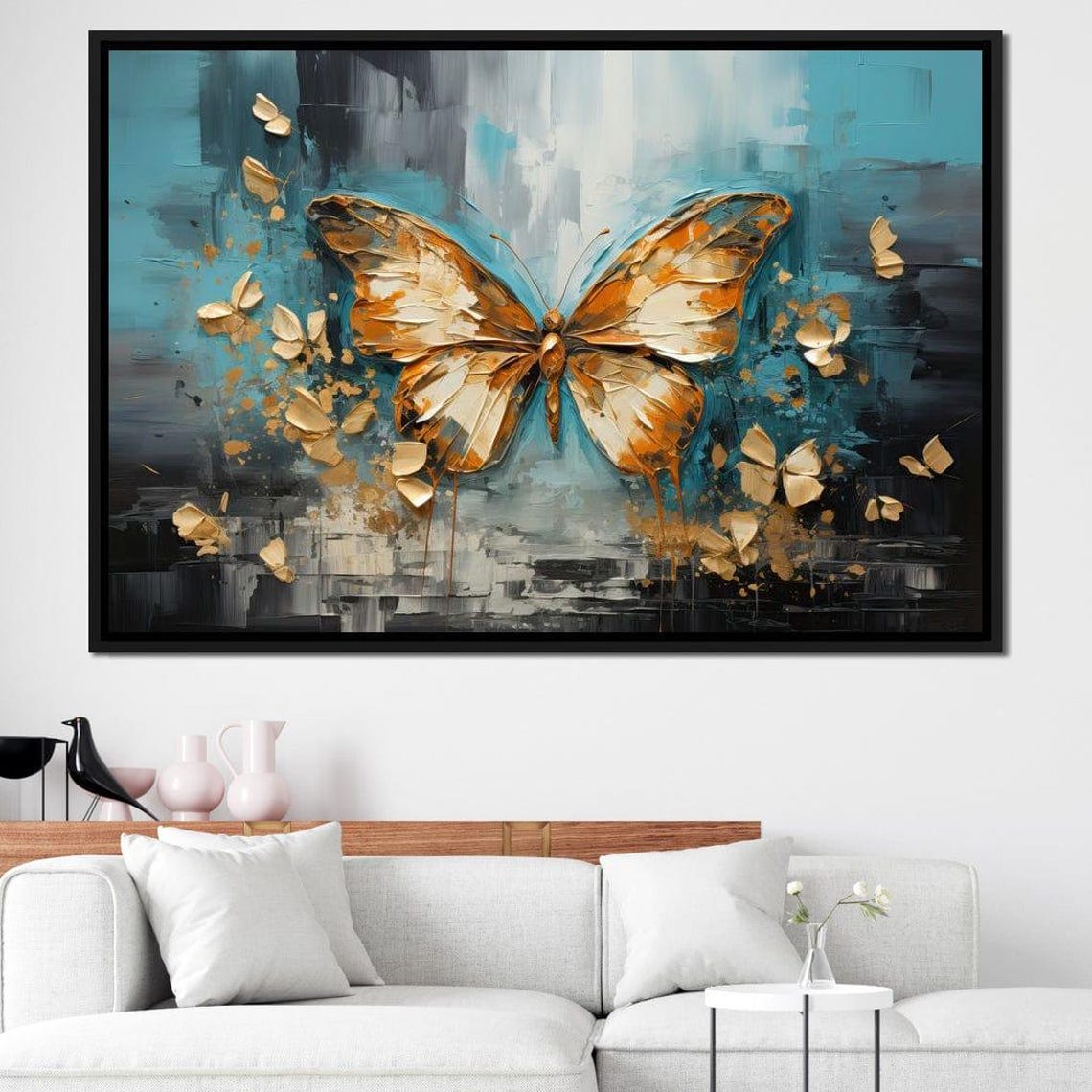 Golden Butterfly Teal Abstract Background Elegant Modern Nature Poster - Image 2