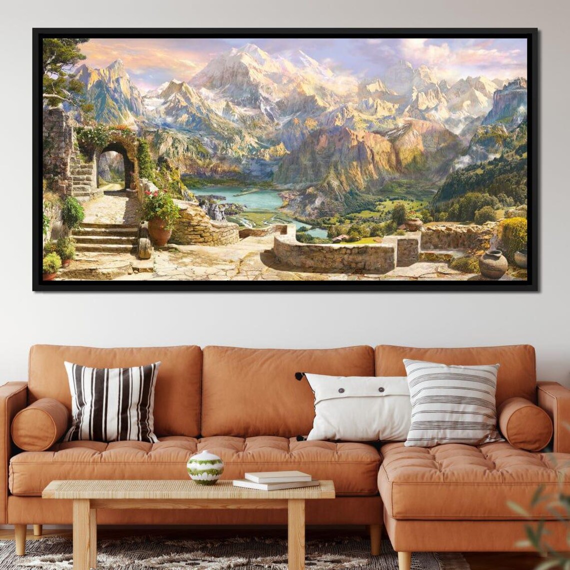 Majestic Mountain Valley Lake View Stone Terrace Fantasy Art Poster - Image 3