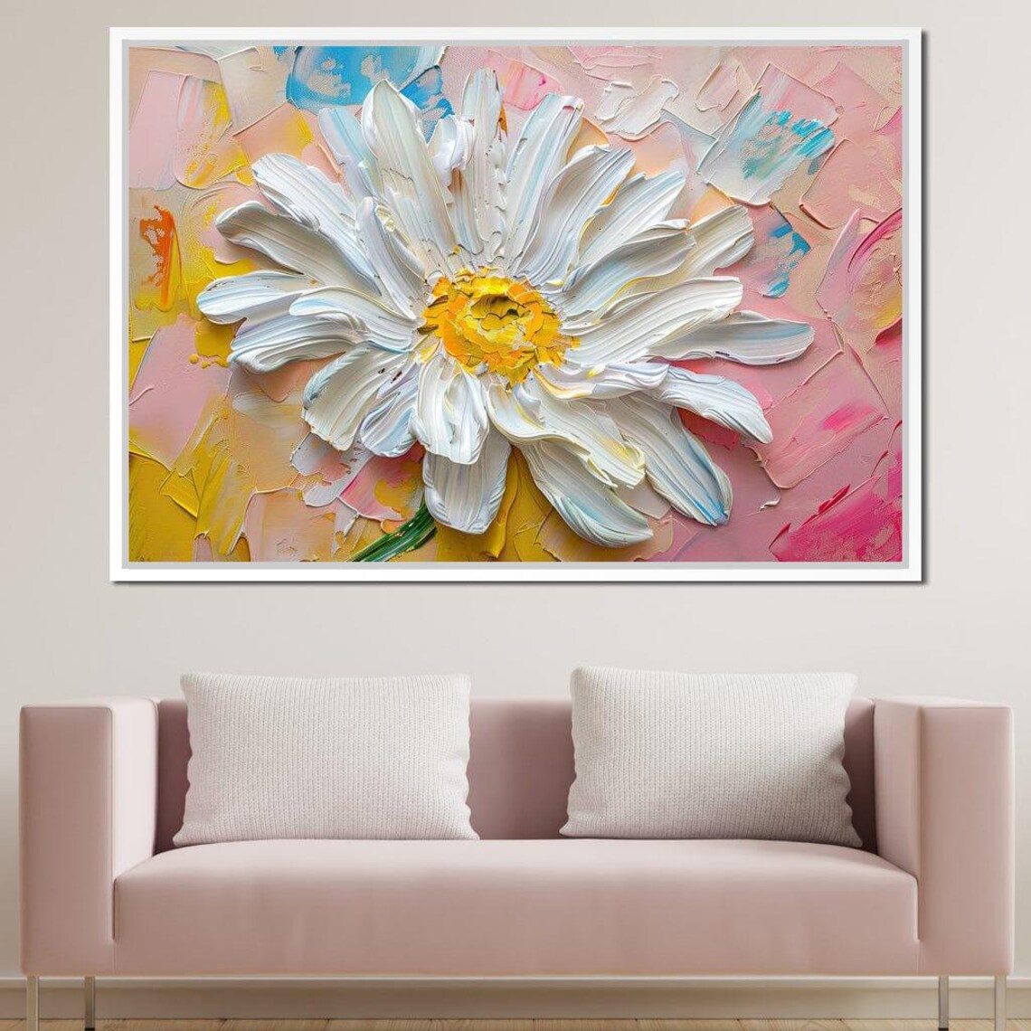 White Daisy Bloom Impasto Palette Knife Spring Floral Wall Art Poster