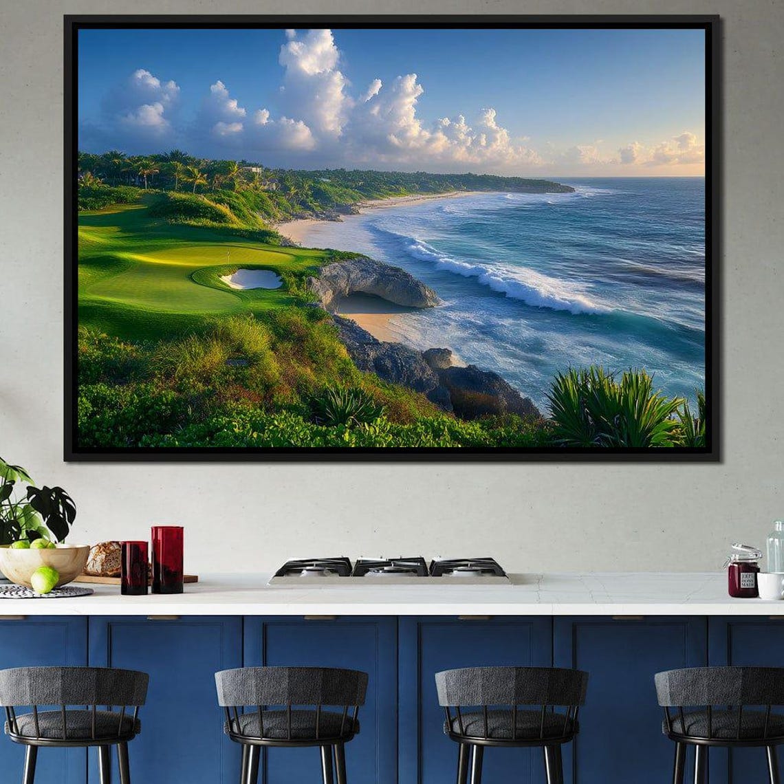 Coastal Golf Course Green Beside a Turquoise Ocean at Sunset Poster - Image 3