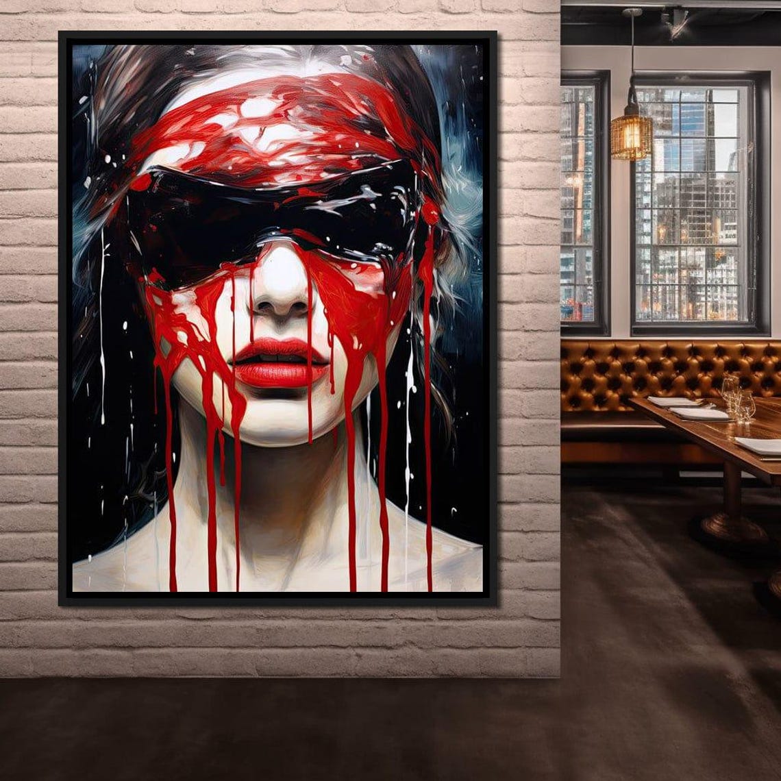 Red Veil Paint Drips Blindfolded Woman Edgy Gothic Portrait Poster - Image 4