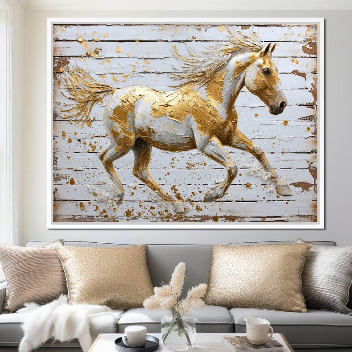 Golden Galloping Horse White Wood Gold Leaf Equestrian Art Poster