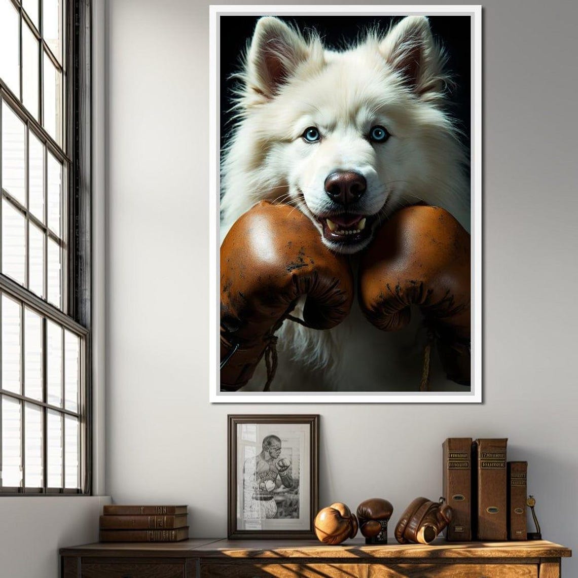 Smiling Samoyed Puppy Resting on Tan Boxing Gloves Funny Poster - Image 2
