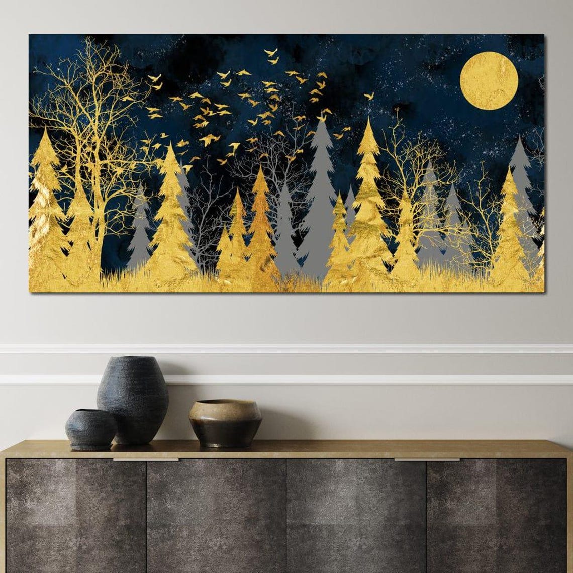 Golden Moonlit Forest Night Sky Birds Gold Navy Modern Art Poster - Image 3