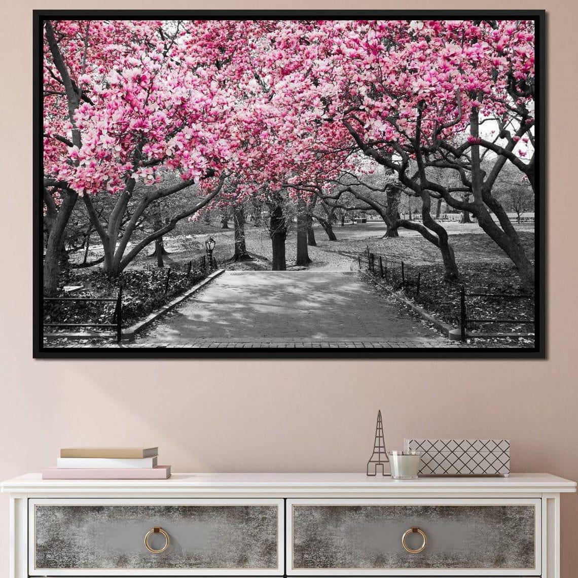 Pink Blossoms On Park Path Selective Color Spring Floral Art Print - Image 2