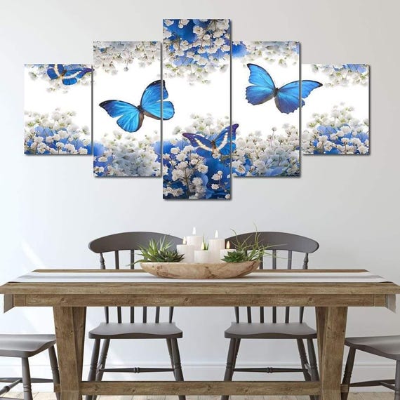 Flowers Butterflies Multi Panel Blue Butterfly Wall Art Modern Decor Botanical Print Nature Art By Nichecanvas