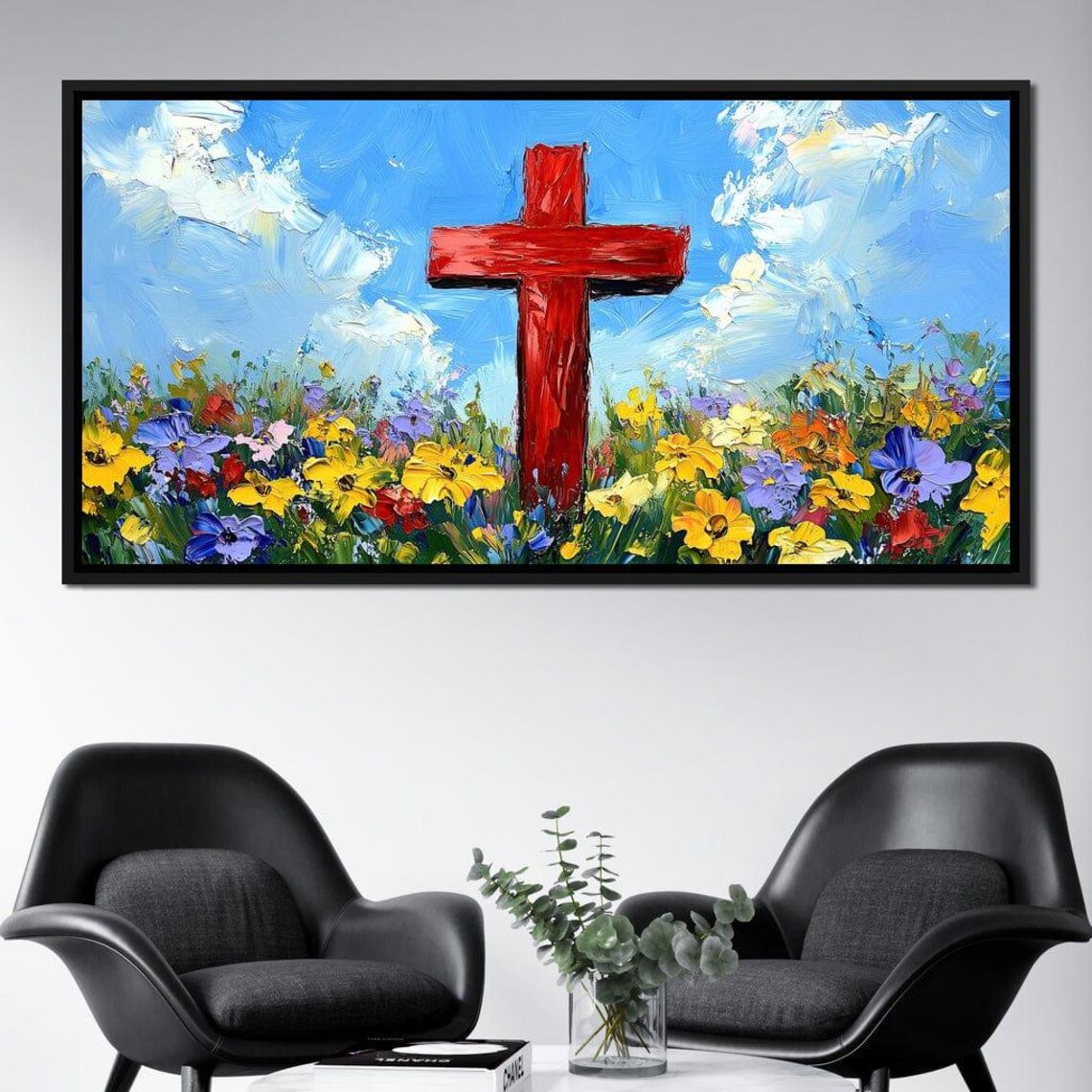 Red Wooden Cross In Colorful Wildflower Meadow Blue Sky Poster - Image 3