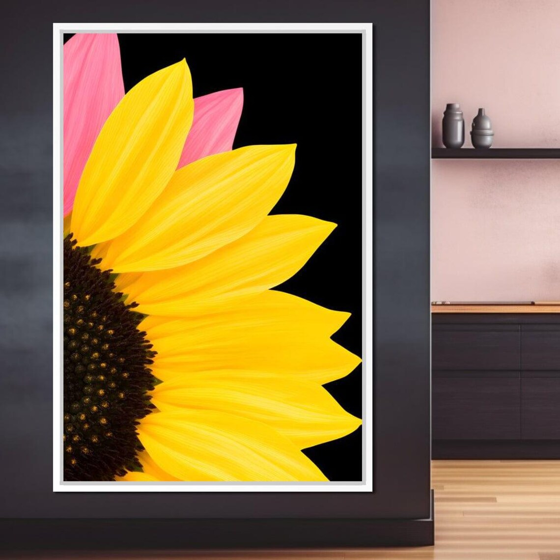 Close Up Sunflower Bloom with Pink Petals on Black Wall Poster - Image 3