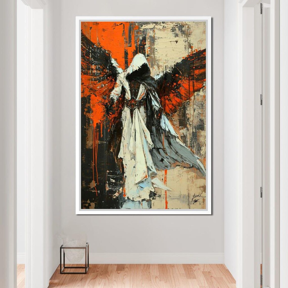 Dark Hooded Angel Black Wings Orange Abyss Fantasy Art Poster - Image 2