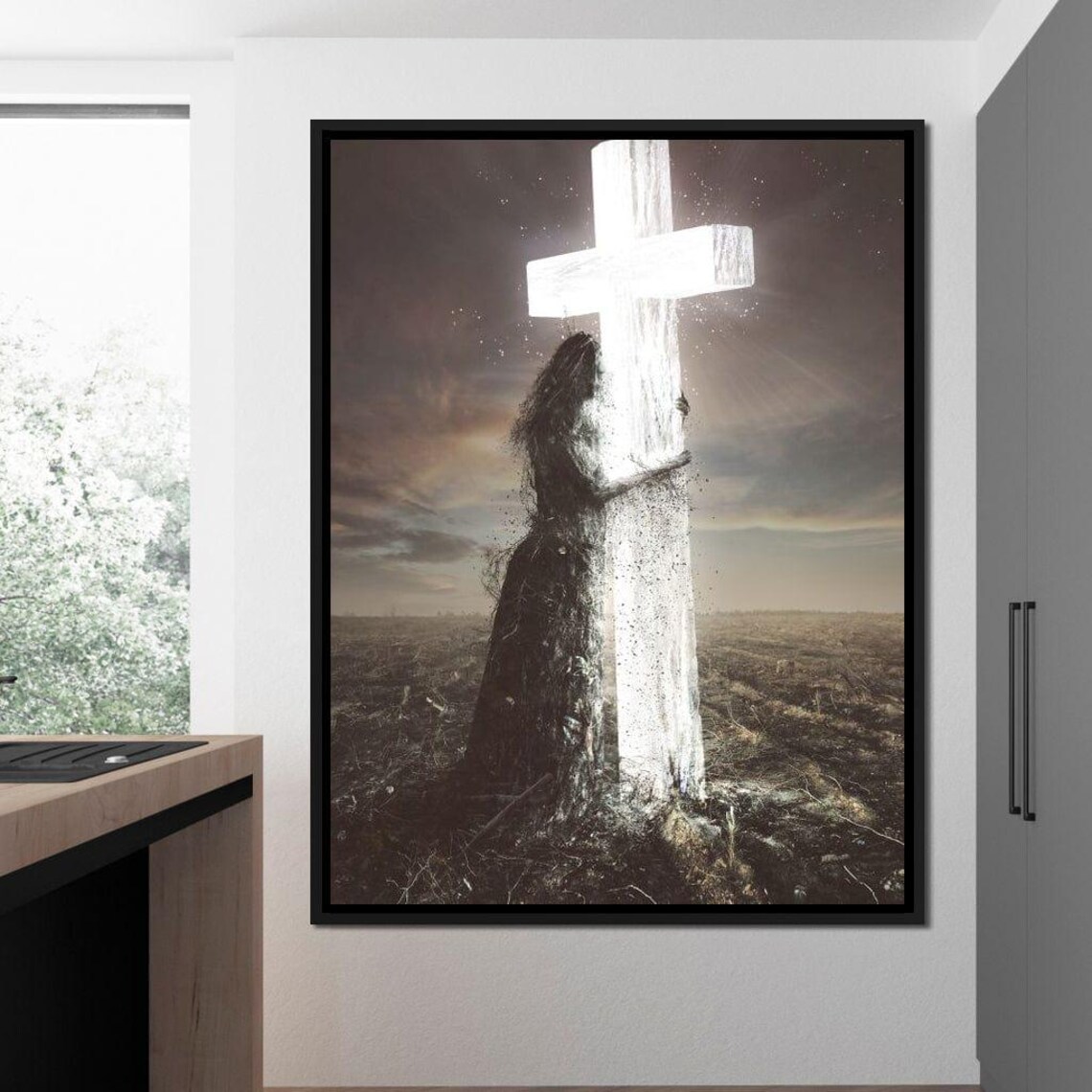 Woman Embracing Glowing Cross Black White Spiritual Faith Hope Wall Art - Image 2