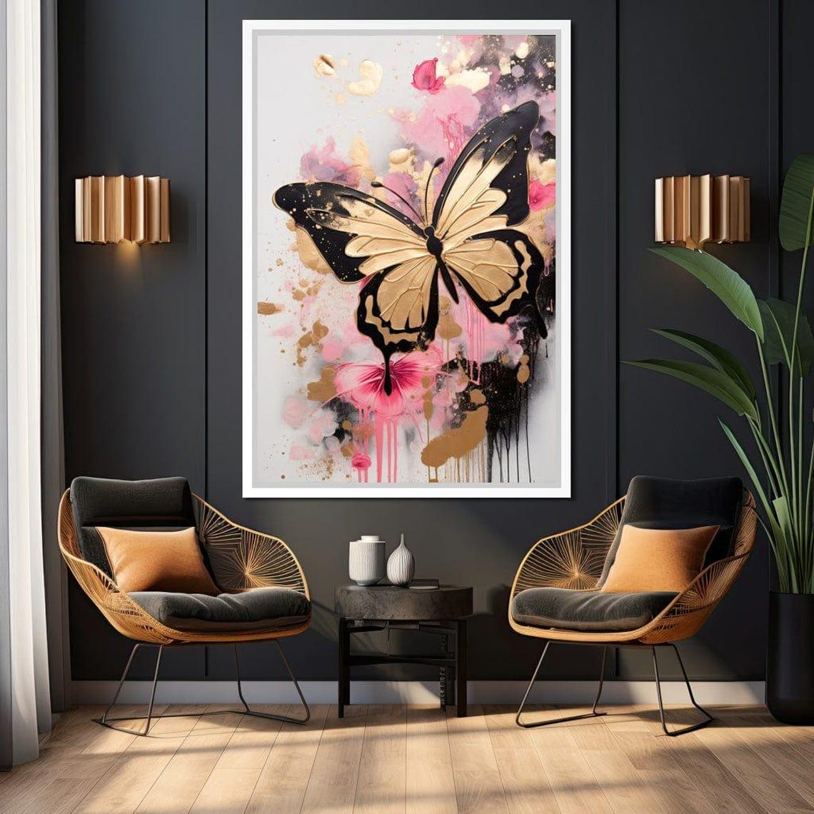 Dreamflight Pink Hues Gold Butterfly Abstract Floral Art Poster - Image 3