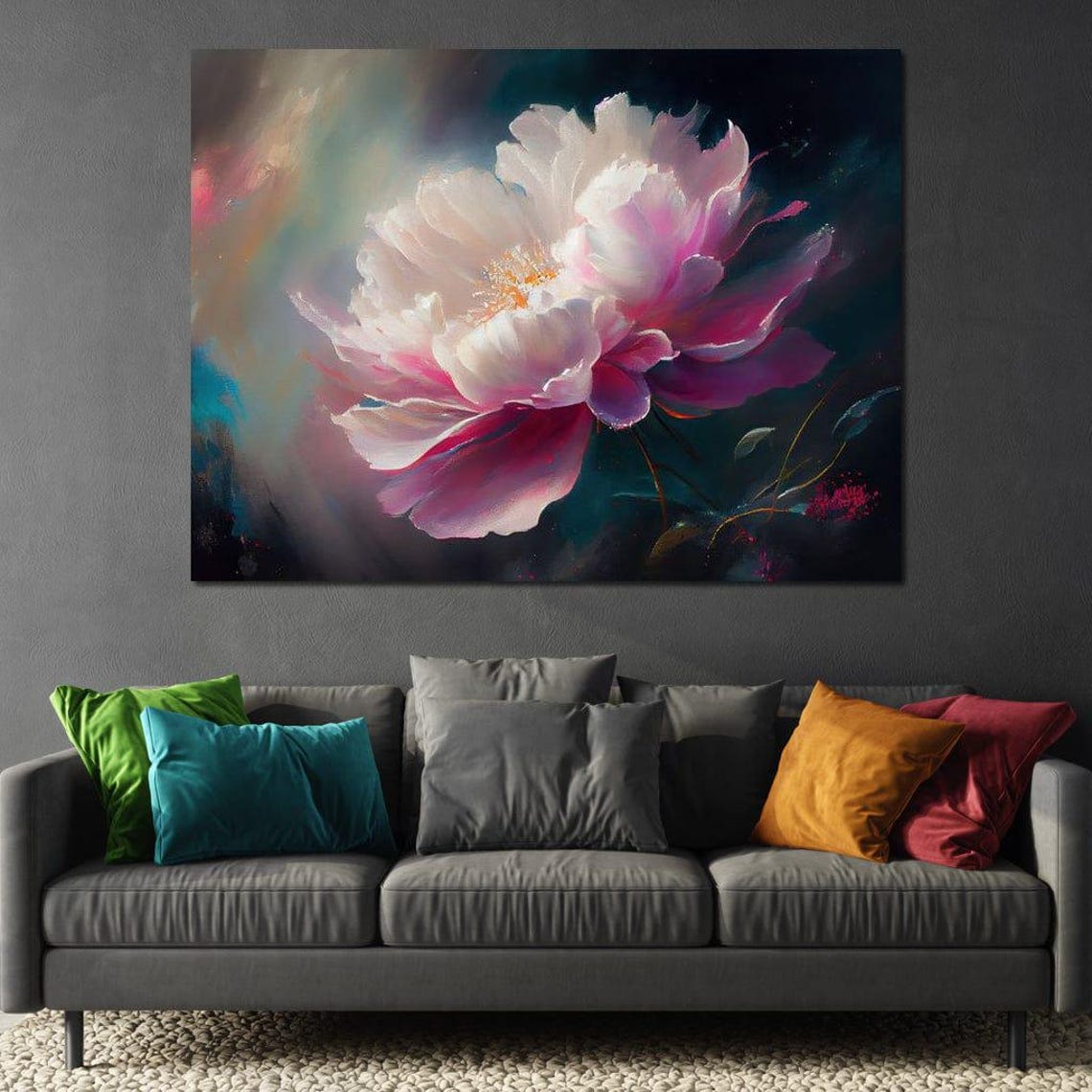 Ethereal Pink Peony Bloom On Dark Background Modern Floral Art Print - Image 2