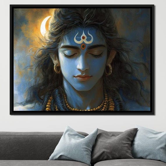Moonlit Tranquility Meditative Portrait Spiritual Wall Art Peaceful Home Decor Hindu Art Print Mystical Blue Tones By Nichecanvas