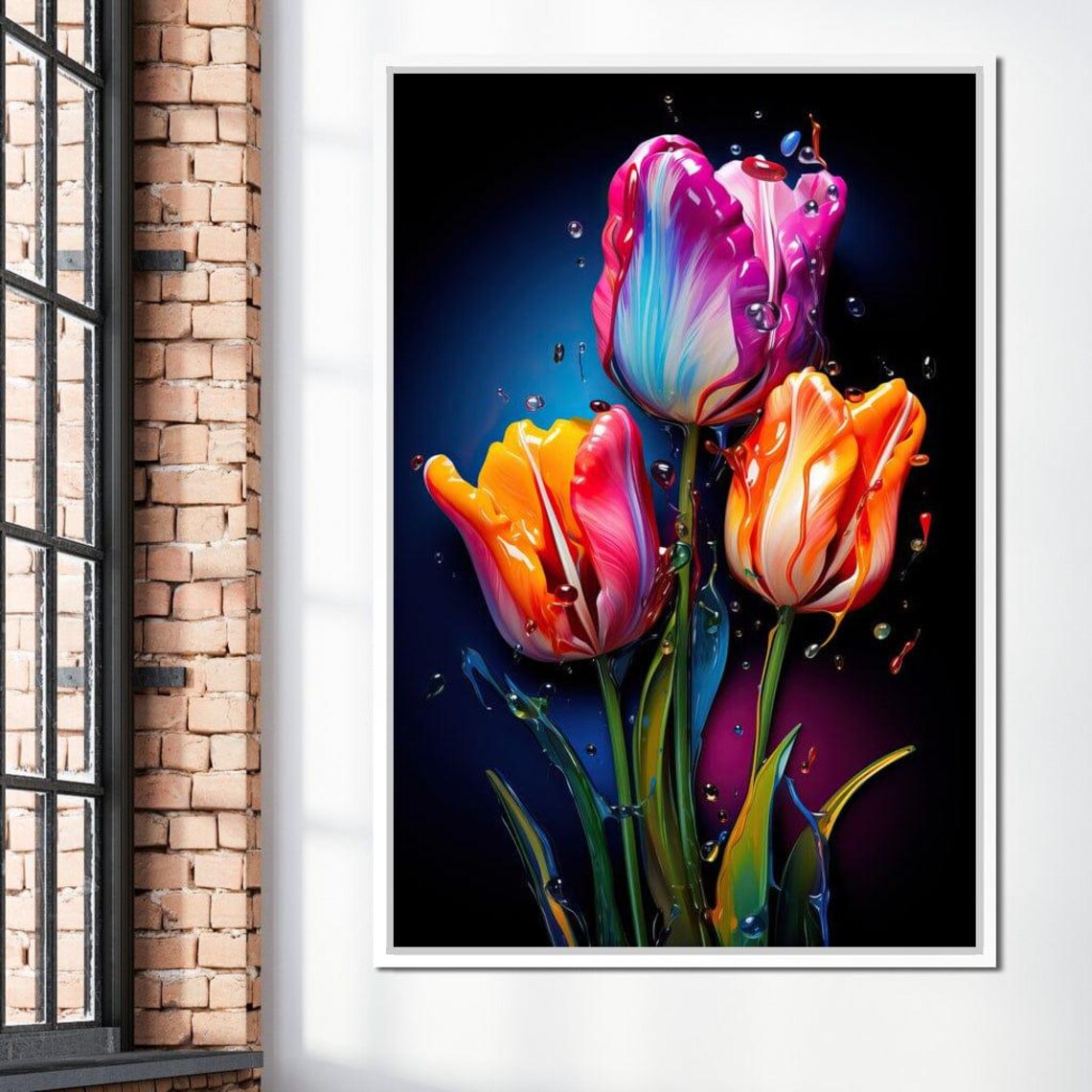 Rainbow Tulip Trio Liquid Paint Dripping Dark Floral Wall Art Poster - Image 2
