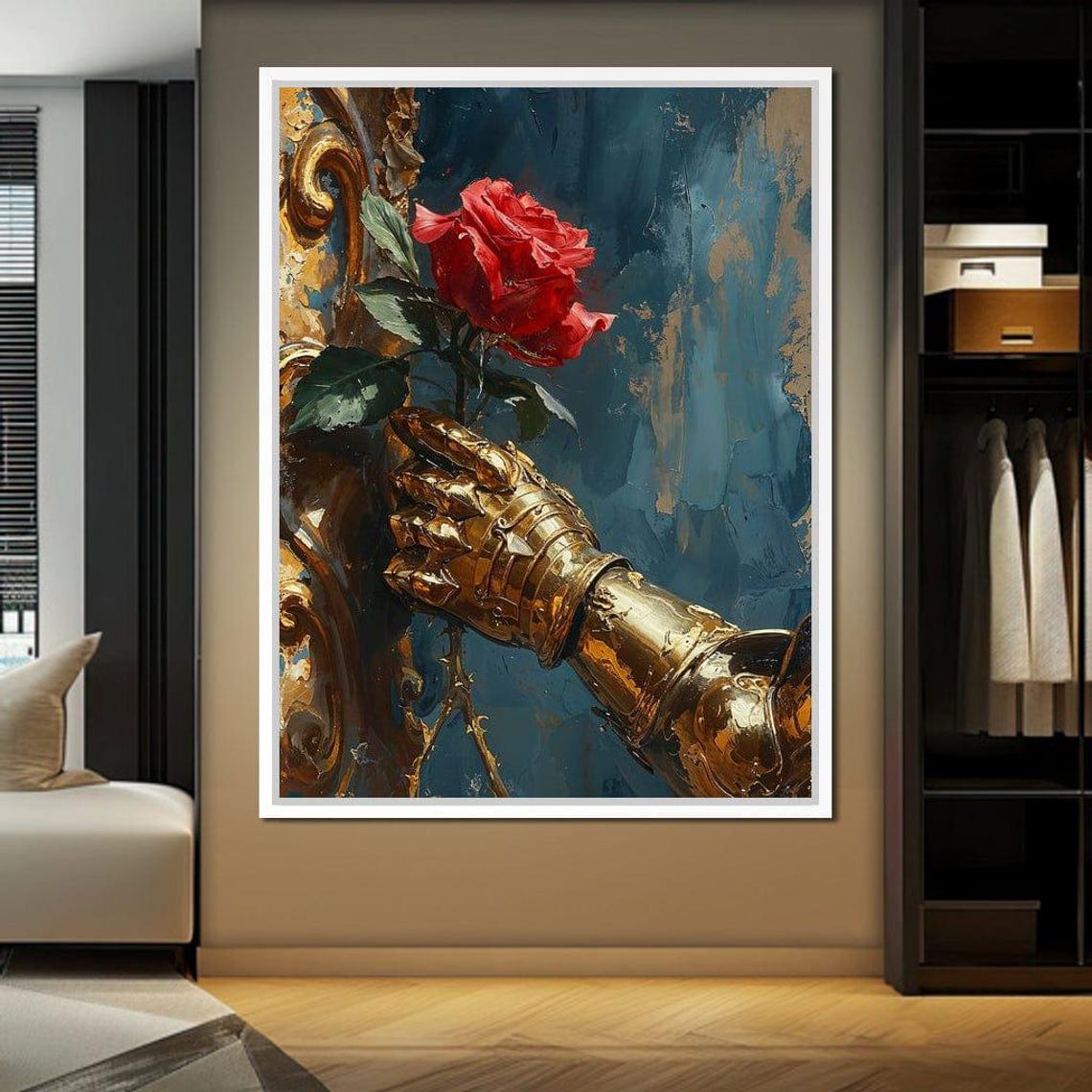 Golden Knight Gauntlet Holding Red Rose Fantasy Romantic Poster - Image 3