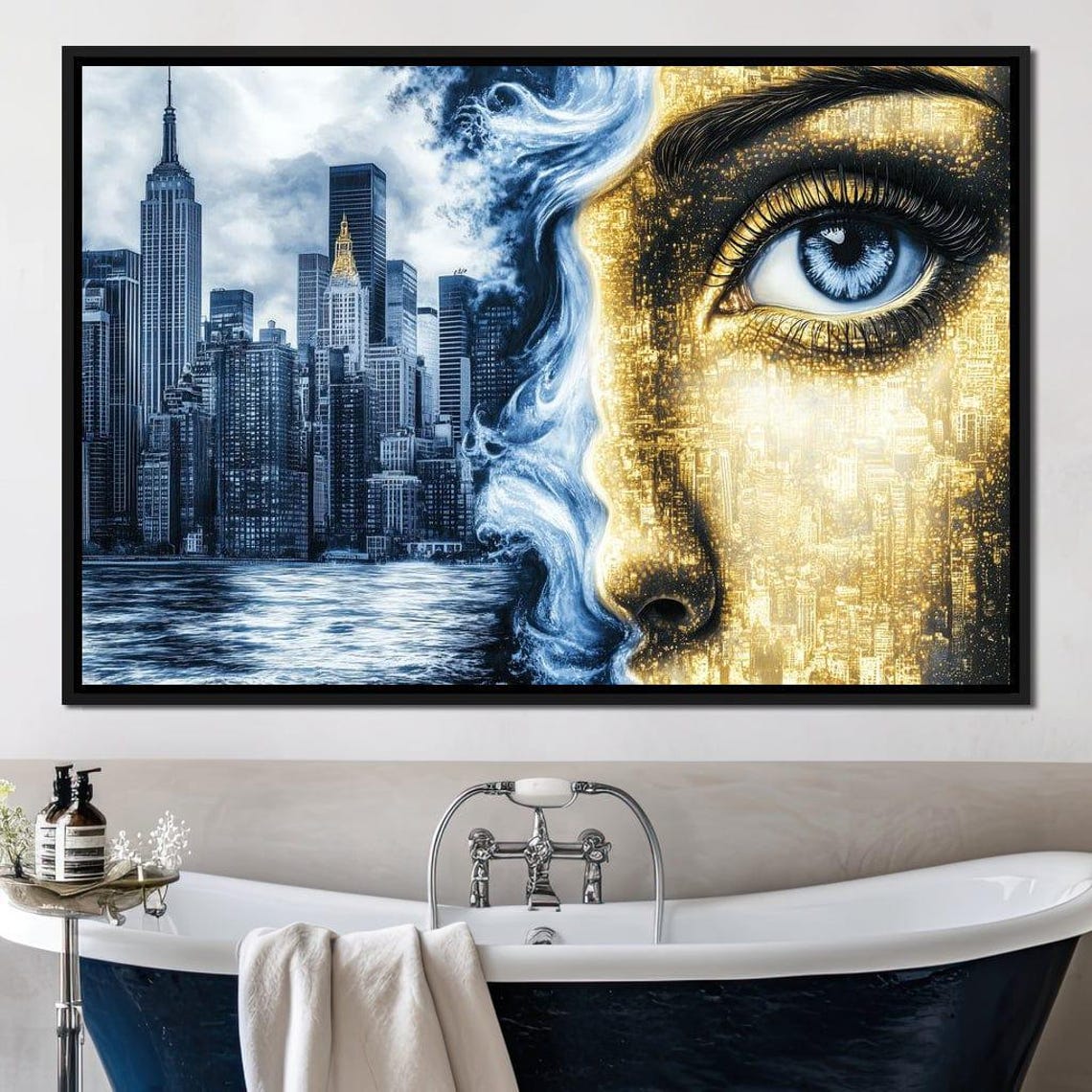Manhattan Skyline Merging Into Golden Woman Eye Surreal Art Poster - Image 2