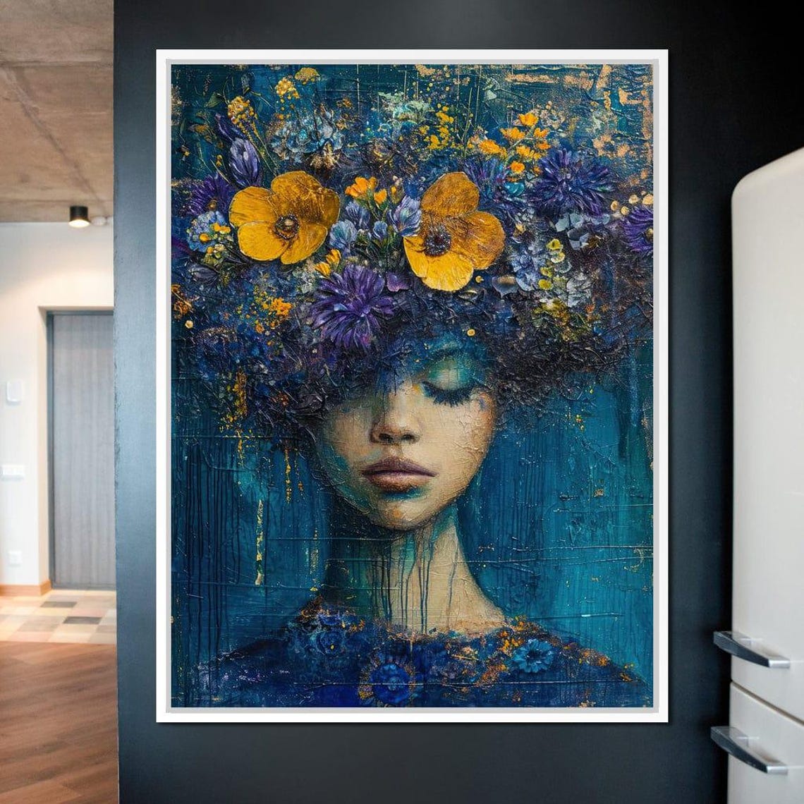 Indigo Floral Dreams Deep Blue Bloom Portrait Surreal Wall Art - Image 4