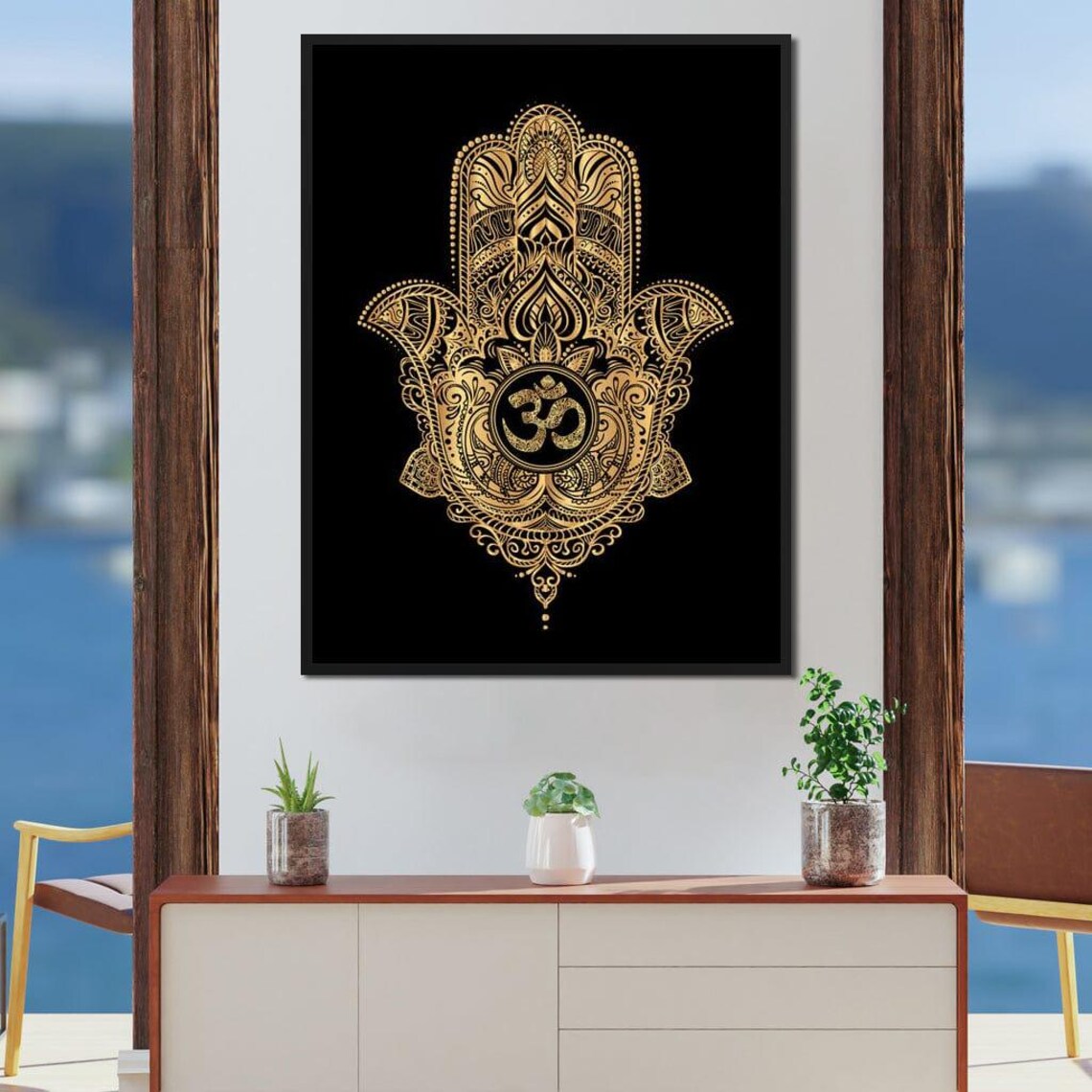 Golden Hamsa Hand Om Symbol Spiritual Black Background Wall Poster - Image 2