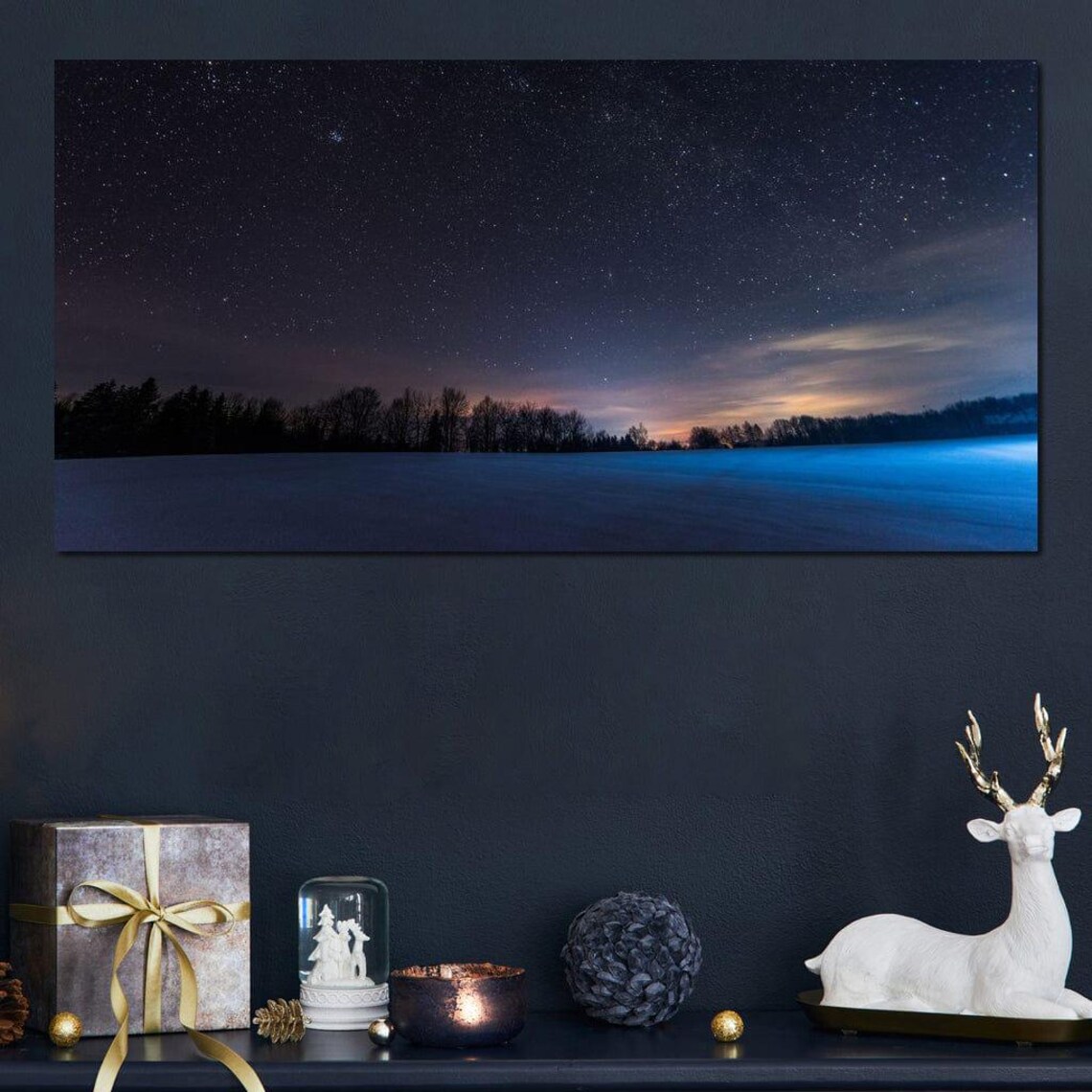 Starry Night Over Snowy Field Winter Forest Silhouette Sky Art Poster - Image 4