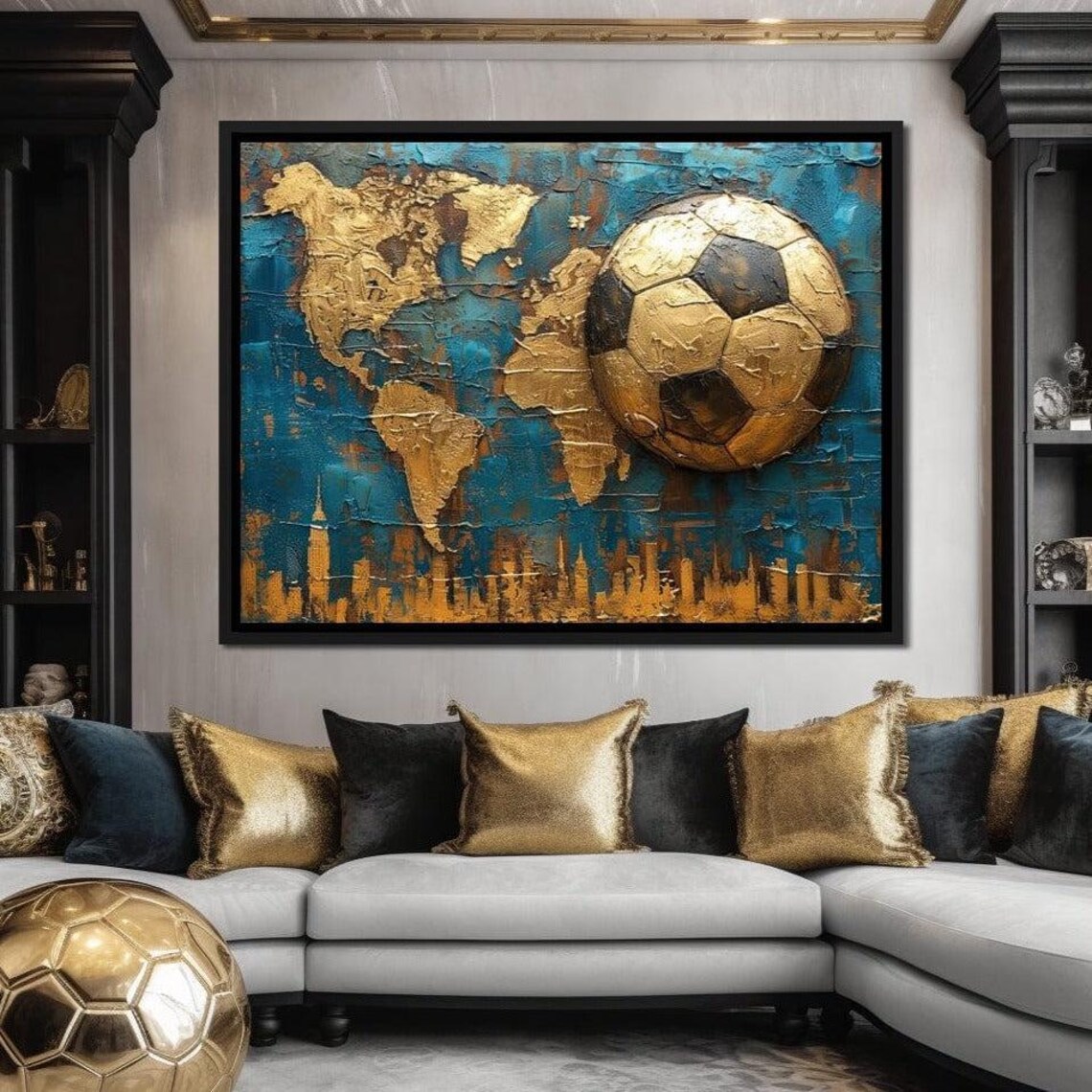 Golden Goal Globetrotter Soccer Wall Art Football Home Decor Sports Themed Art Luxurious Blue Gold World Map By Nichecanvas