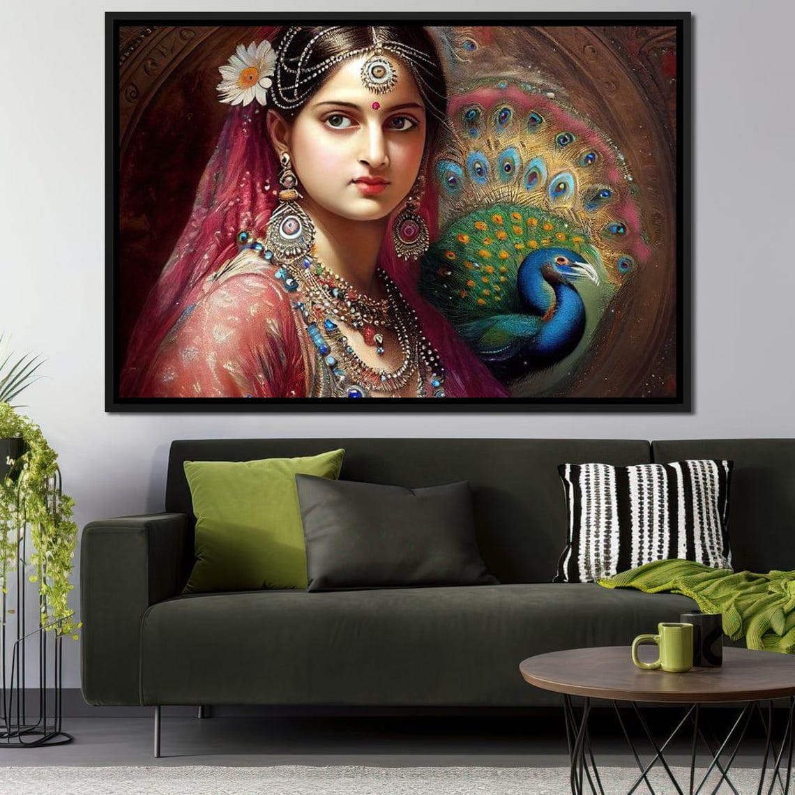Indian Bride In Red Jewelry With Peacock Traditional Ethnic Wall Art