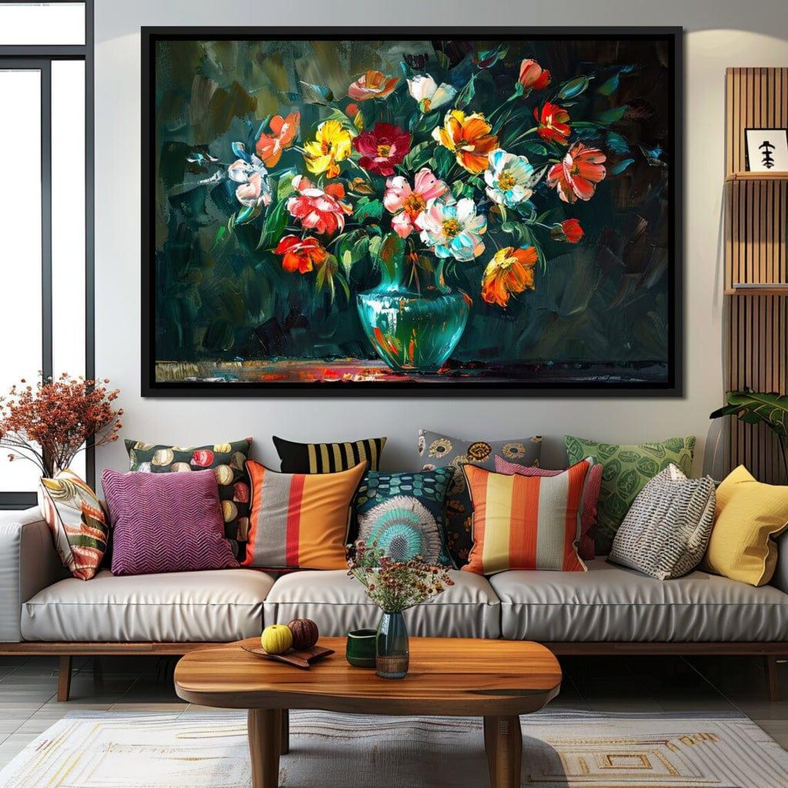 Colorful Garden Bouquet Oil Painting Green Vase Floral Wall Art Poster - Image 4