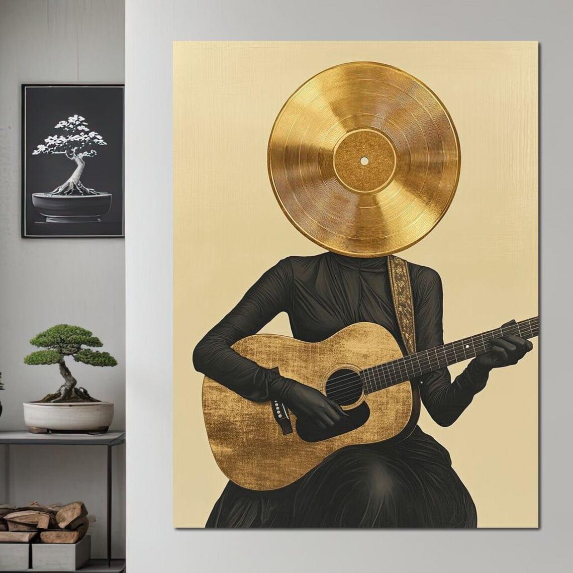 Black Dress Gold Vinyl Record Head Acoustic Guitar Elegant Music Art Poster - Image 2