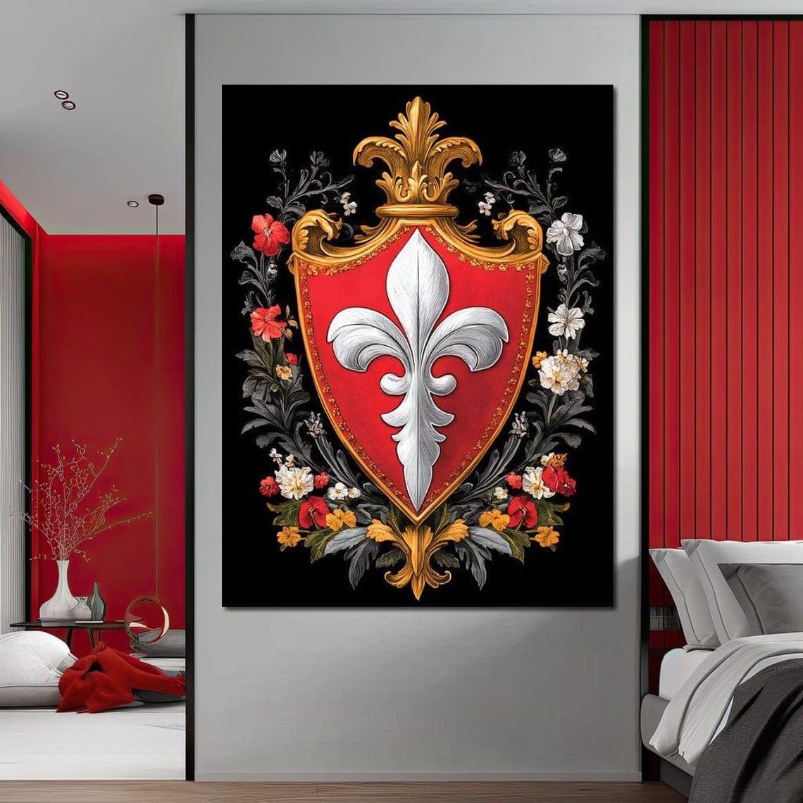 Red Heraldic Shield with White Fleur De Lys and Floral Wreath Poster - Image 3