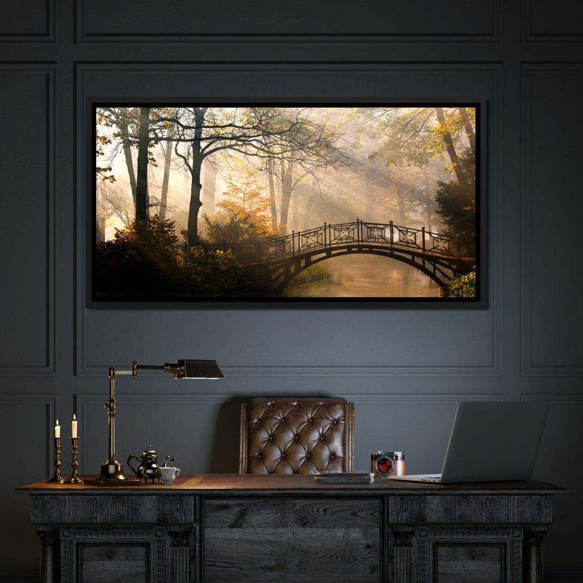 Misty Park Bridge Autumn River Golden Morning Landscape Travel Poster