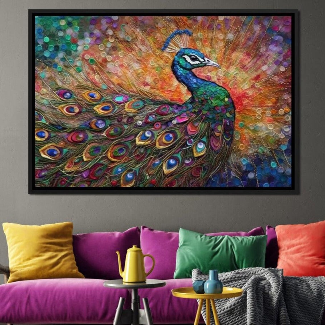 Peacock Jewel Tone Mosaic Tail Golden Sunburst Colorful Art Print
