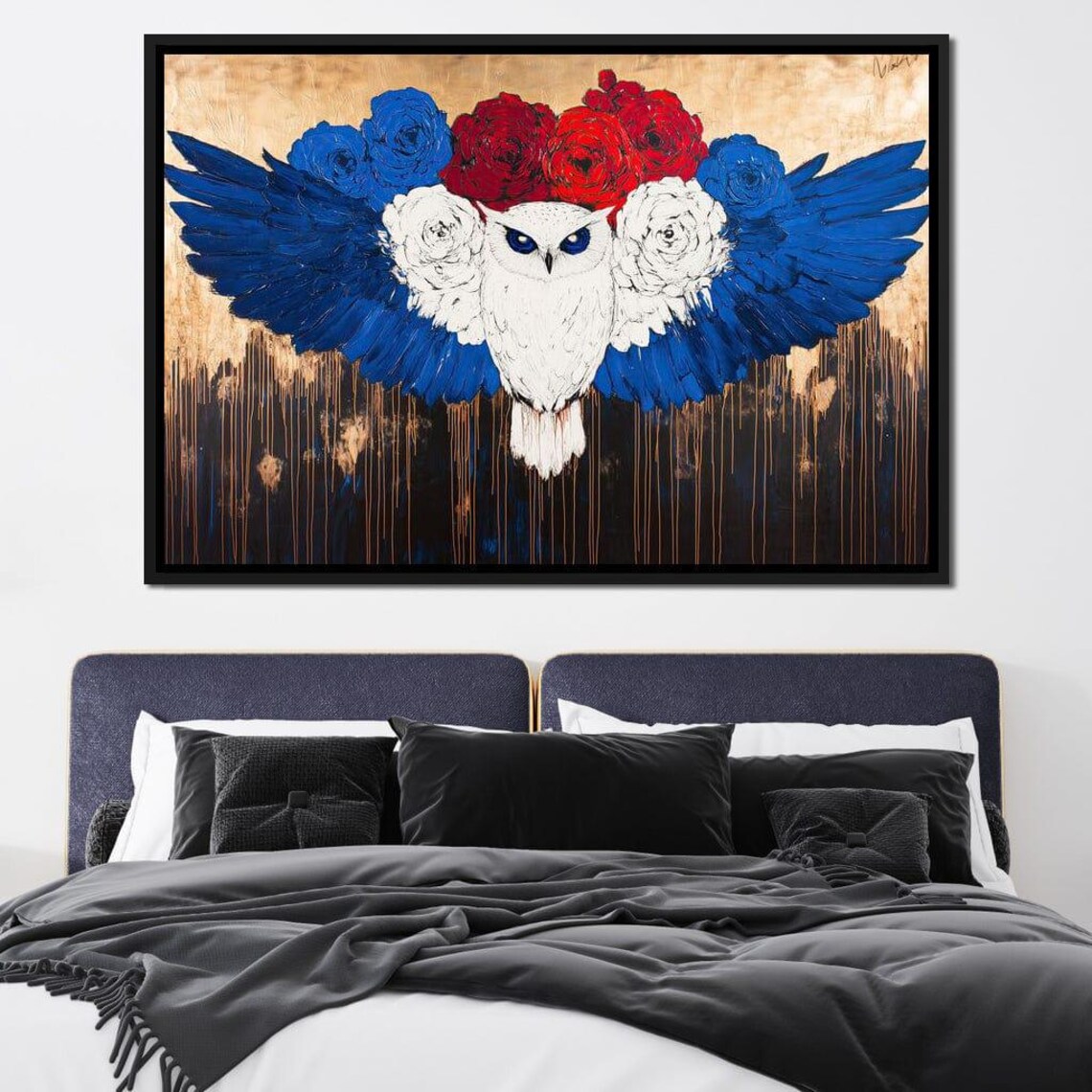White Owl Spread Blue Wings Rose Crown Gold Drips Wildlife Poster - Image 4