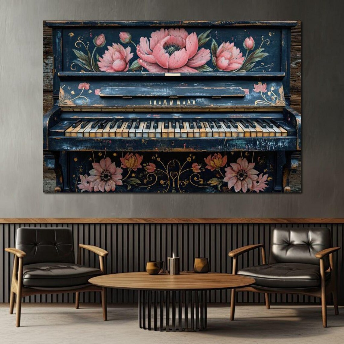 Hand Painted Navy Piano Pink Peonies Vintage Floral Music Art Poster - Image 2
