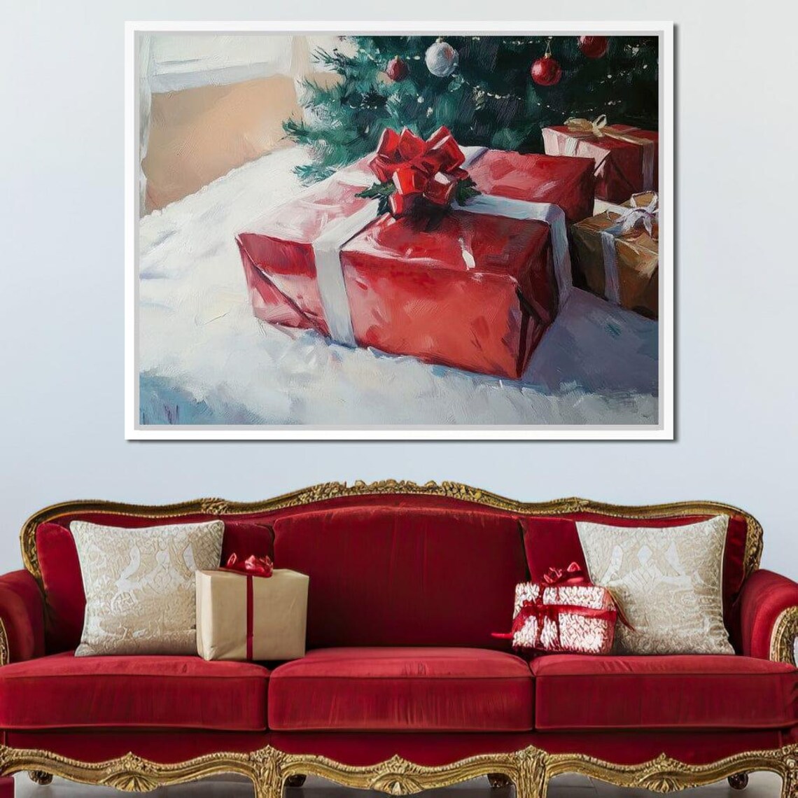 Red Christmas Gifts Under Decorated Tree Festive Holiday Art Poster - Image 2